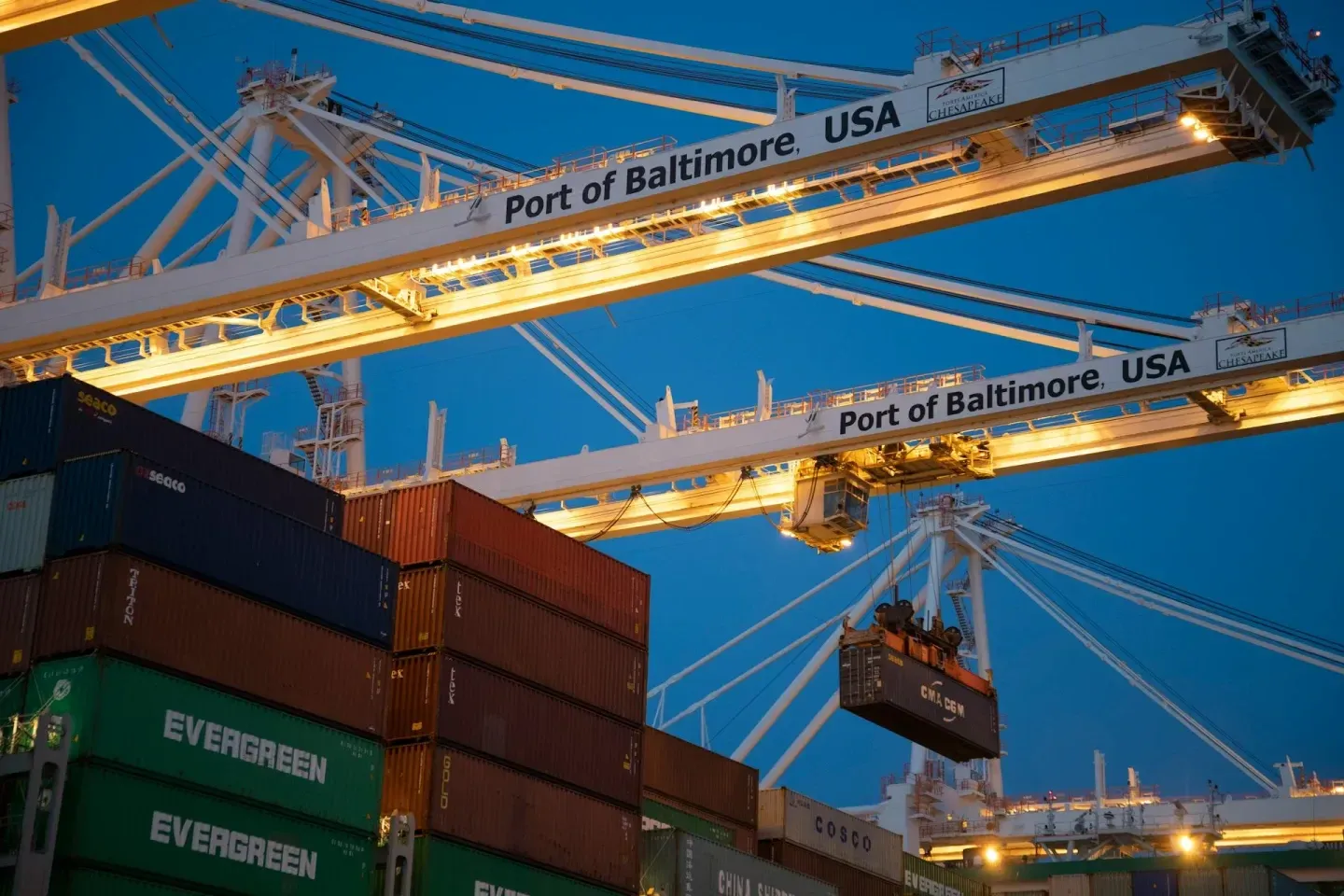 Stacked shipping containers at the Port of Baltimore
