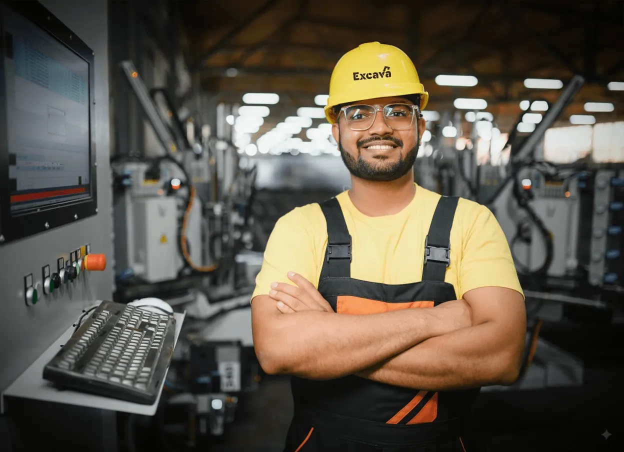 Excava operator in a hard hat at a machine control panel