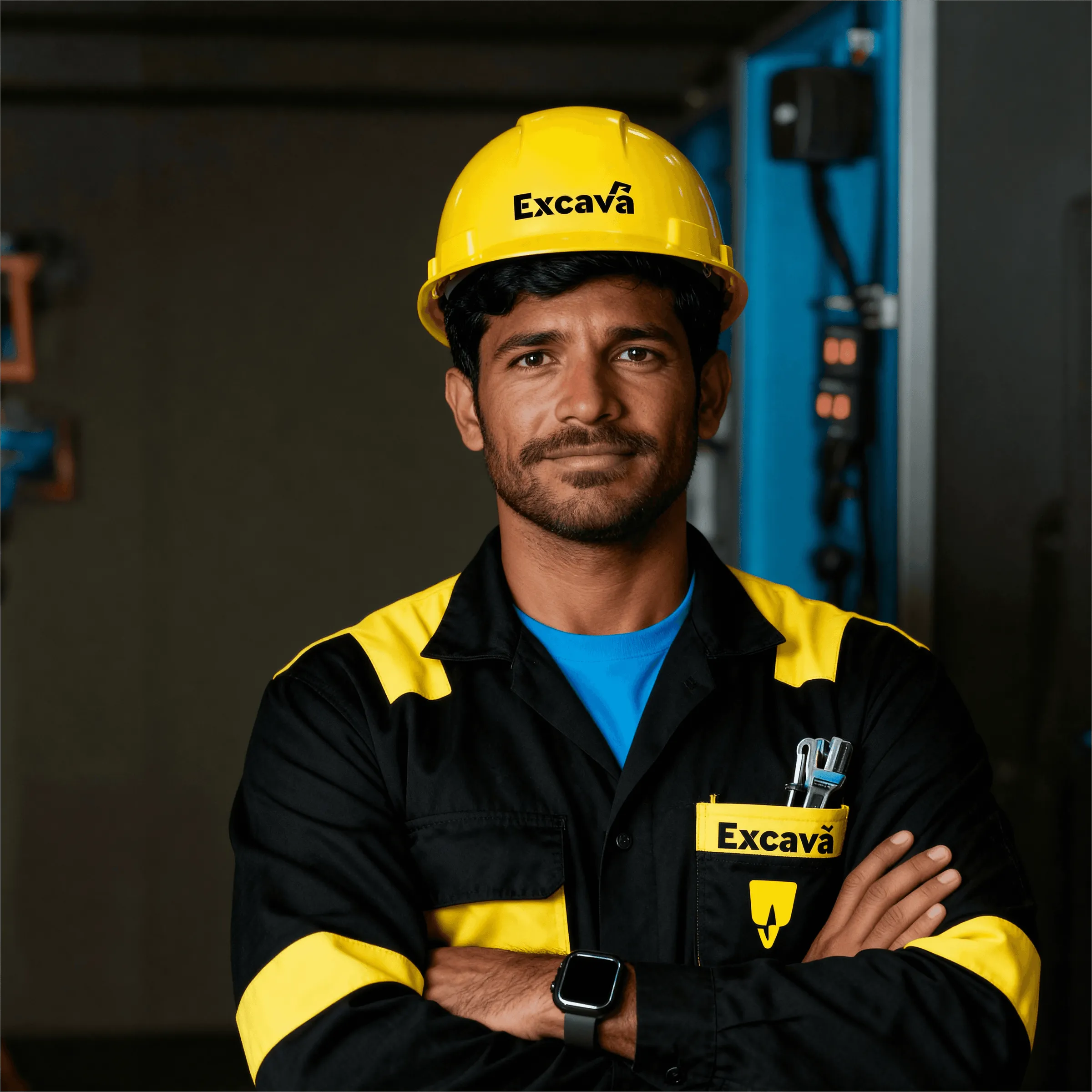 Male engineer in orange uniform and helmet standing with arms crossed