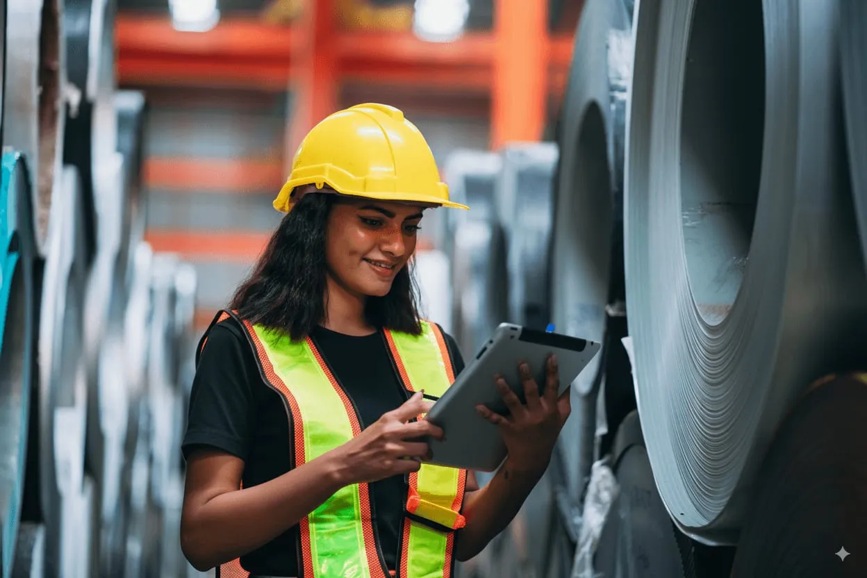 Quality engineer with a tablet checking steel coils